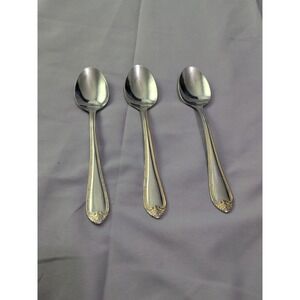 Hampton Silversmiths RENEE 3 Dinner Soup Spoons Stainless Flatware Gold Accent